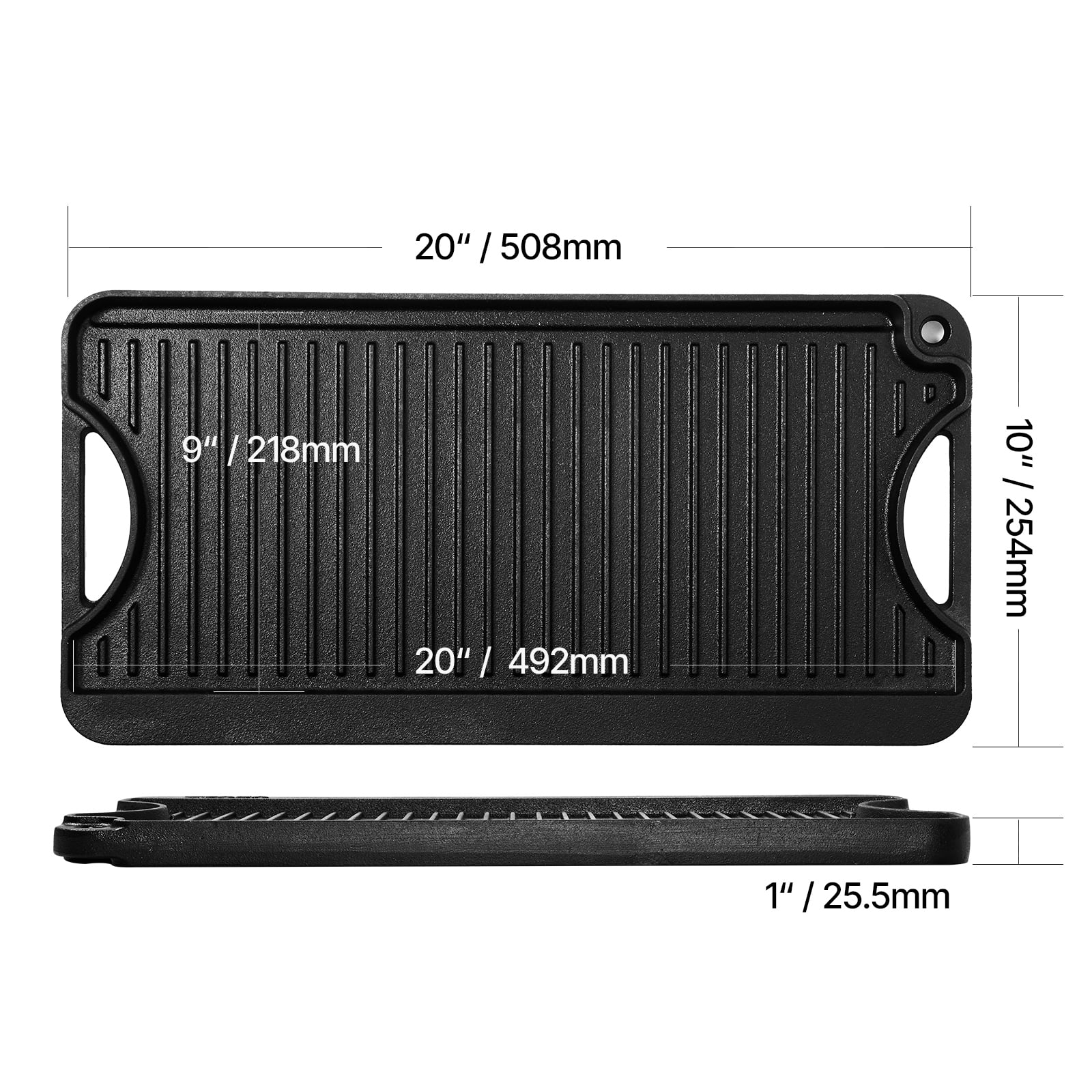 KFFKFF Switchable Grill/Griddle, Cast Iron Material, 20x10 inch, Pre-Treated, Compact Rectangular Design with Handle, Suitable for Indoor/Outdoor Cooking, Stove Top Burner, Gas, Camping BBQ, Black