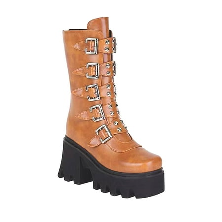 

EQWLJWE 2022 Booties for 2021 New Product Punk Style Winter Thick-soled Belt Buckle Mid-tube Boots Women Deals Discount Clearance