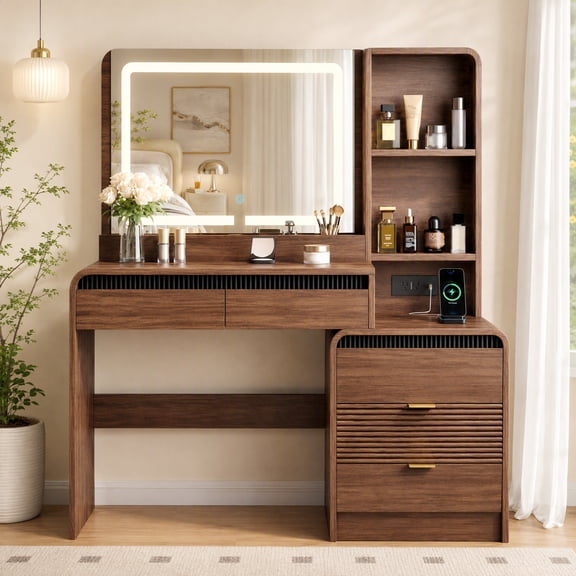 Seetech Makeup Vanity Desk with Lighted Mirror & 5 Storage Drawers & Power Outlet, Dressing Table for Bedroom, Walnut