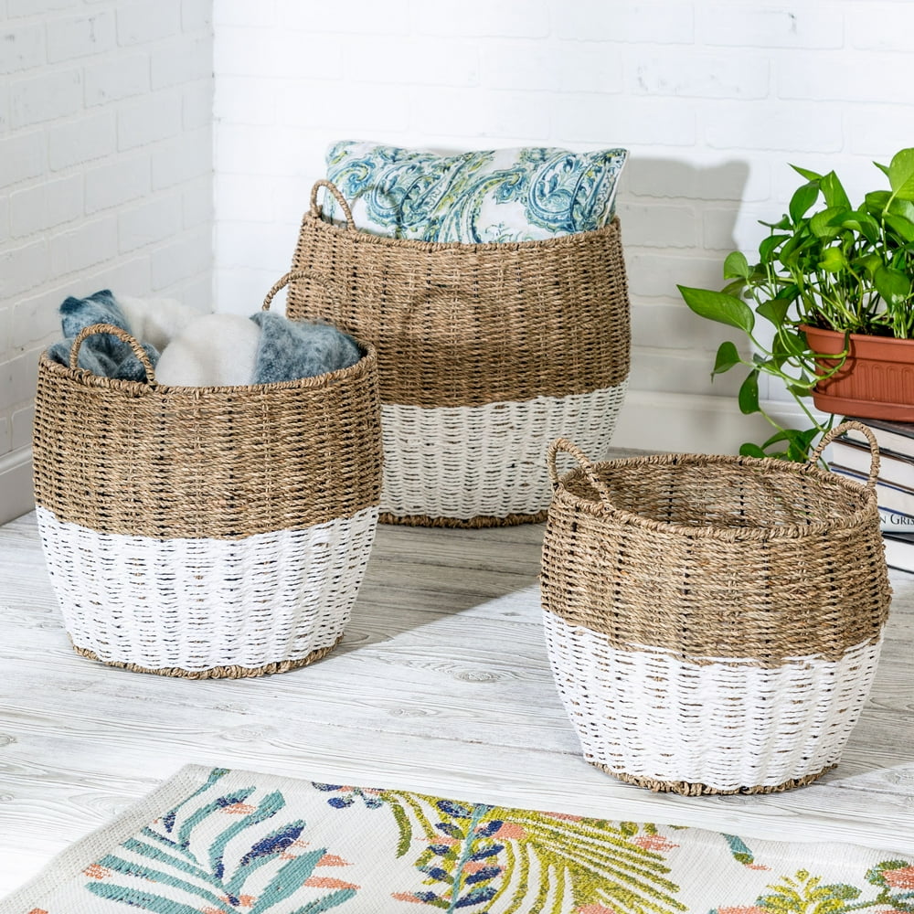 Mainstays Set of 3 Round Nesting Seagrass 2Color Baskets with Handles