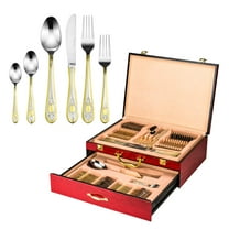 Florentia Collection 75-Piece Cutlery Set 'Averardo' Luxury Surgical Stainless Steel Silverware Flatware Set 18/10, Service for 12 Person, 24K Gold-Plated Hostess Serving Set in a Cherry Wooden Case