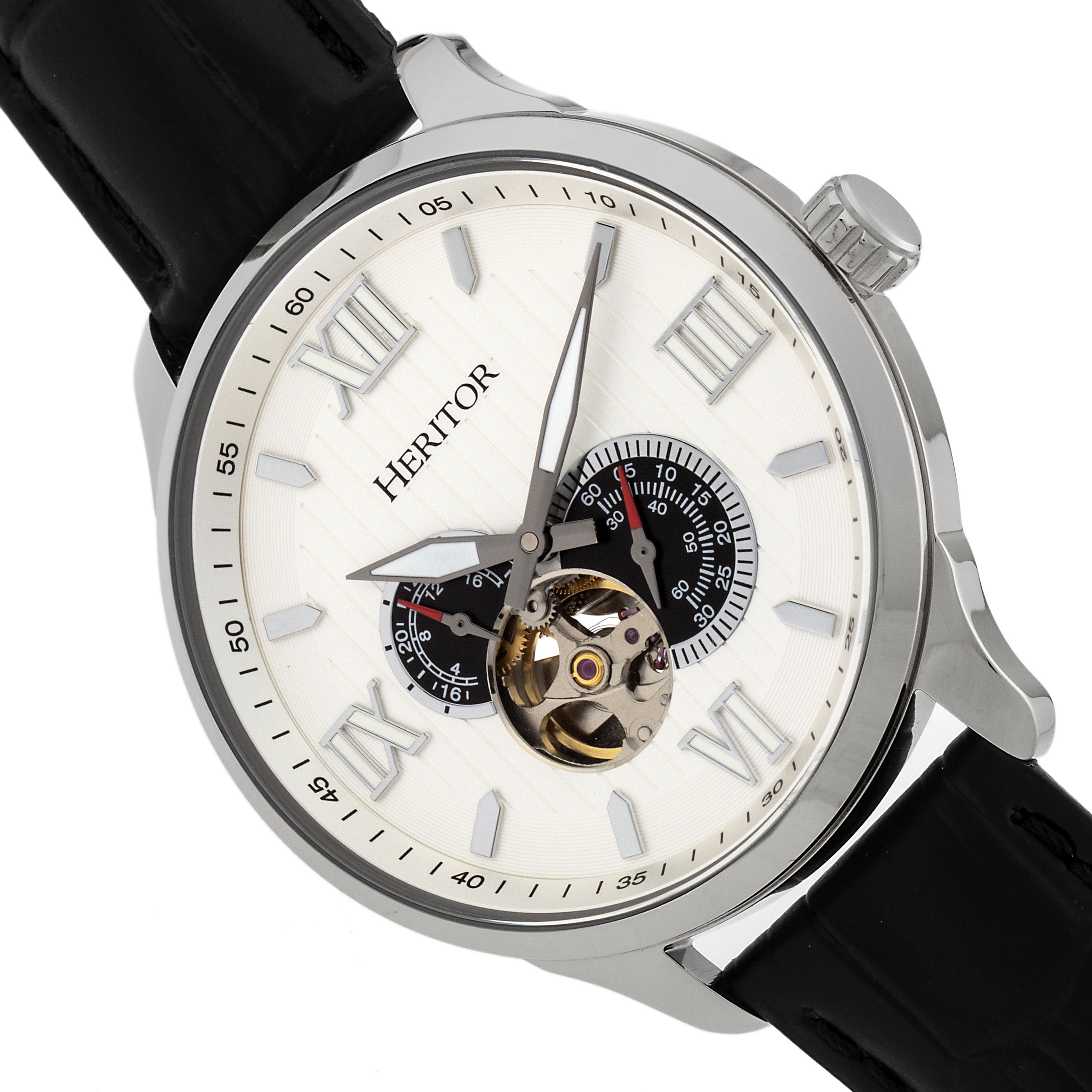 Heritor Automatic Harding Semi Skeleton Leather Band Watch Silver Black Walmart