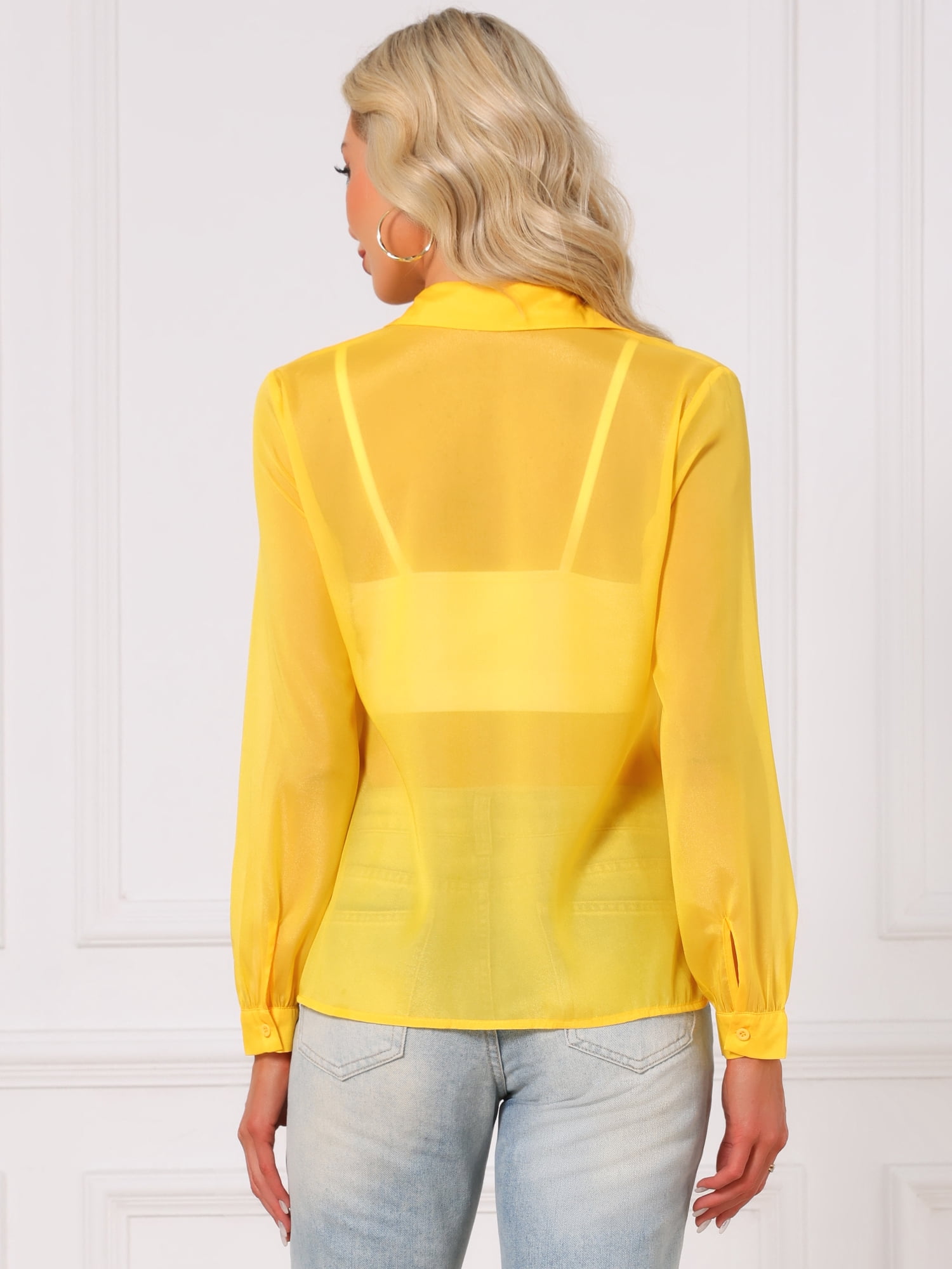 DARING DIVA Women's Long Sleeve Tops Button Down See Through Mesh Shirt M Yellow