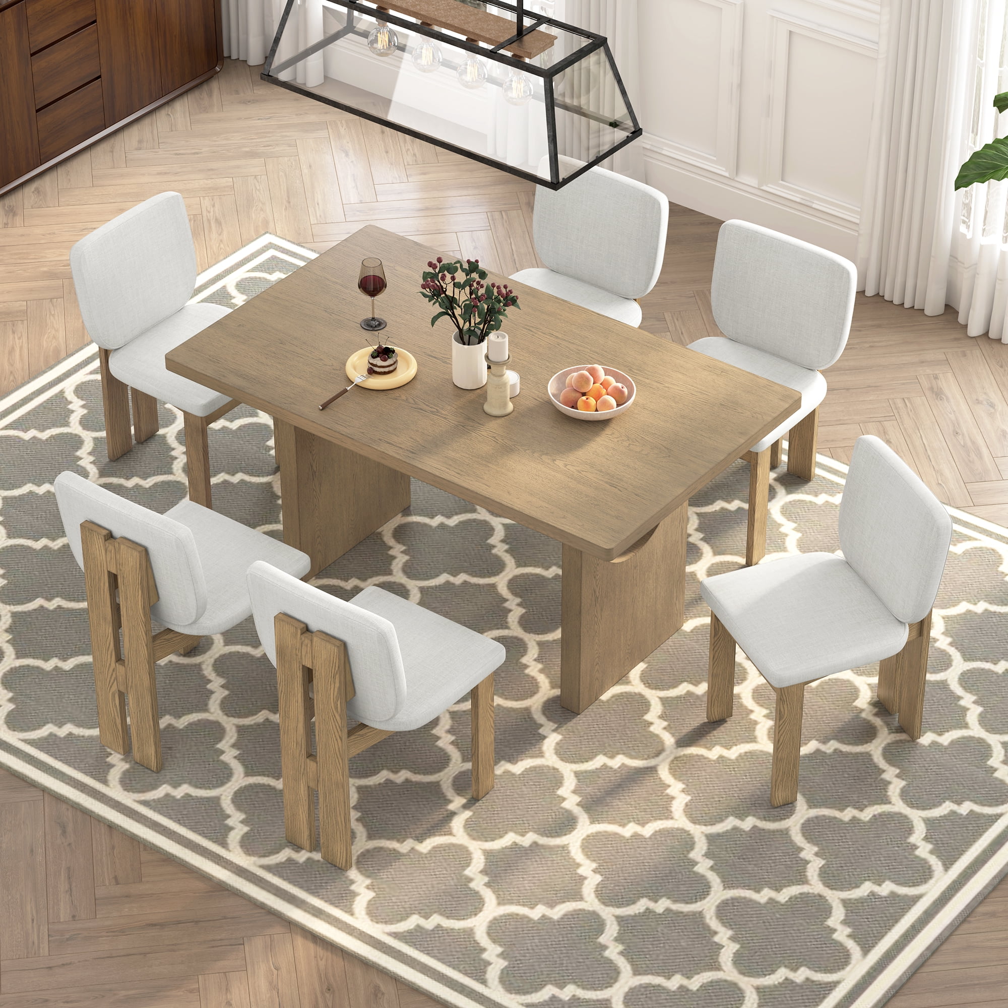 7-Piece Dining Table Set for 6, 60" Rectangular Dining Table with 6 Upholstered Chairs