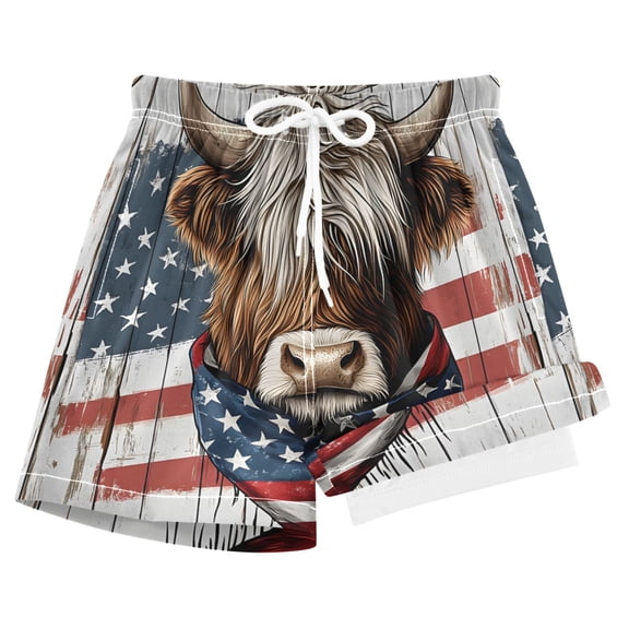 joogoo Retro Highland Cattle Usa Flag Boys Swim Trunks Beach Swimsuit Shorts Boxer 8Y
