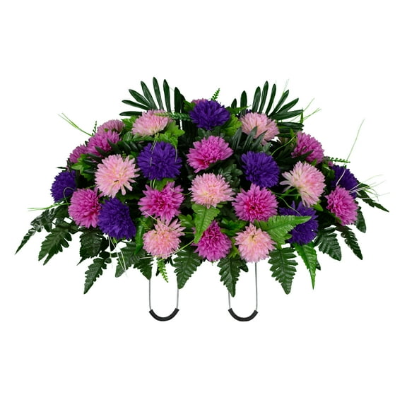 Sympathy Silks Artificial Cemetery Flowers - Purple and Pink Mums - Saddle for Headstone