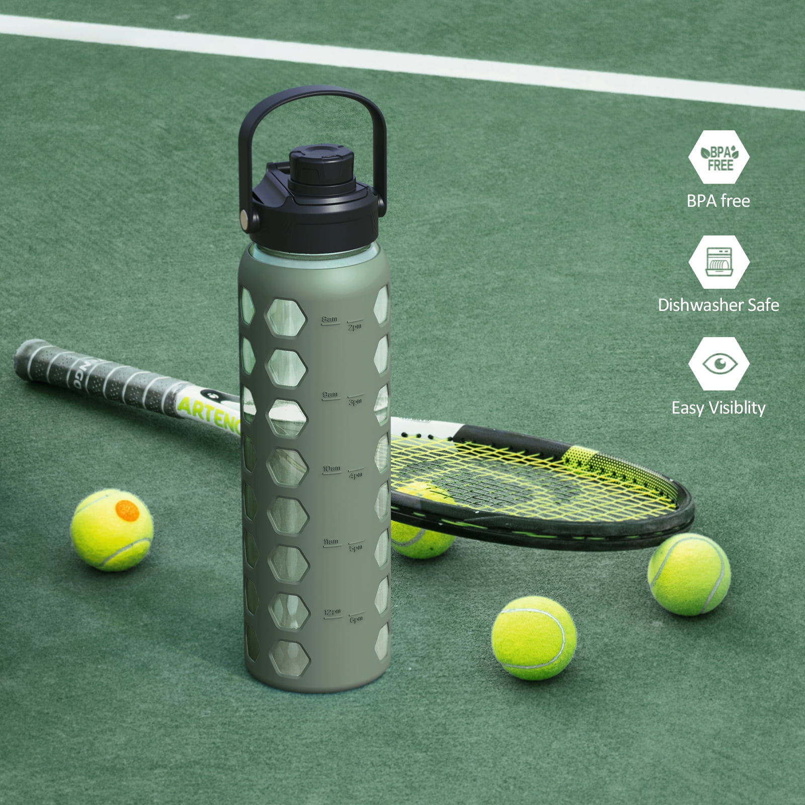 MUKOKO 24oz Glass Water Bottle, Motivational Water Tumbler with 2 Lids and Straw, Time Marker Silicone Sleeve, Olive