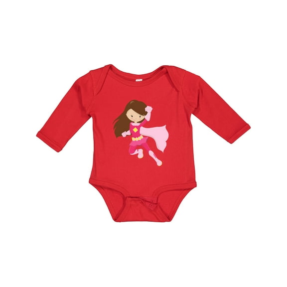 Inktastic Superhero Girl, Cute Girl, Brown Hair, Pink Cape Girls Long Sleeve Baby Bodysuit