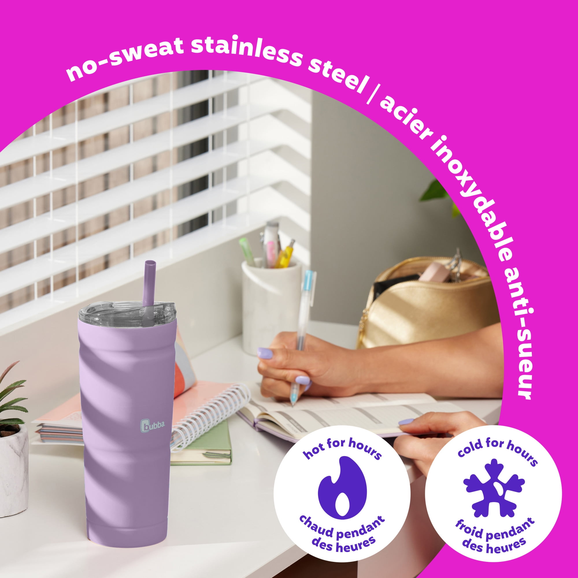 bubba Envy S Tumbler, Insulated Stainless Steel Water Bottle with Straw Lid, Lavender Frost, 24 oz (709 ml)