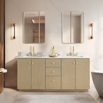Oza 72" Bath Vanity in Aged Natural Oak with Fish Maw White Quartz Stone &Mirror