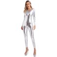 thumbnail image 3 of iixpin Women's Metallic Shiny Long Sleeve Back Zipper Jumpsuit One Piece Full Body Fitness Bodysuit Silver M, 3 of 7