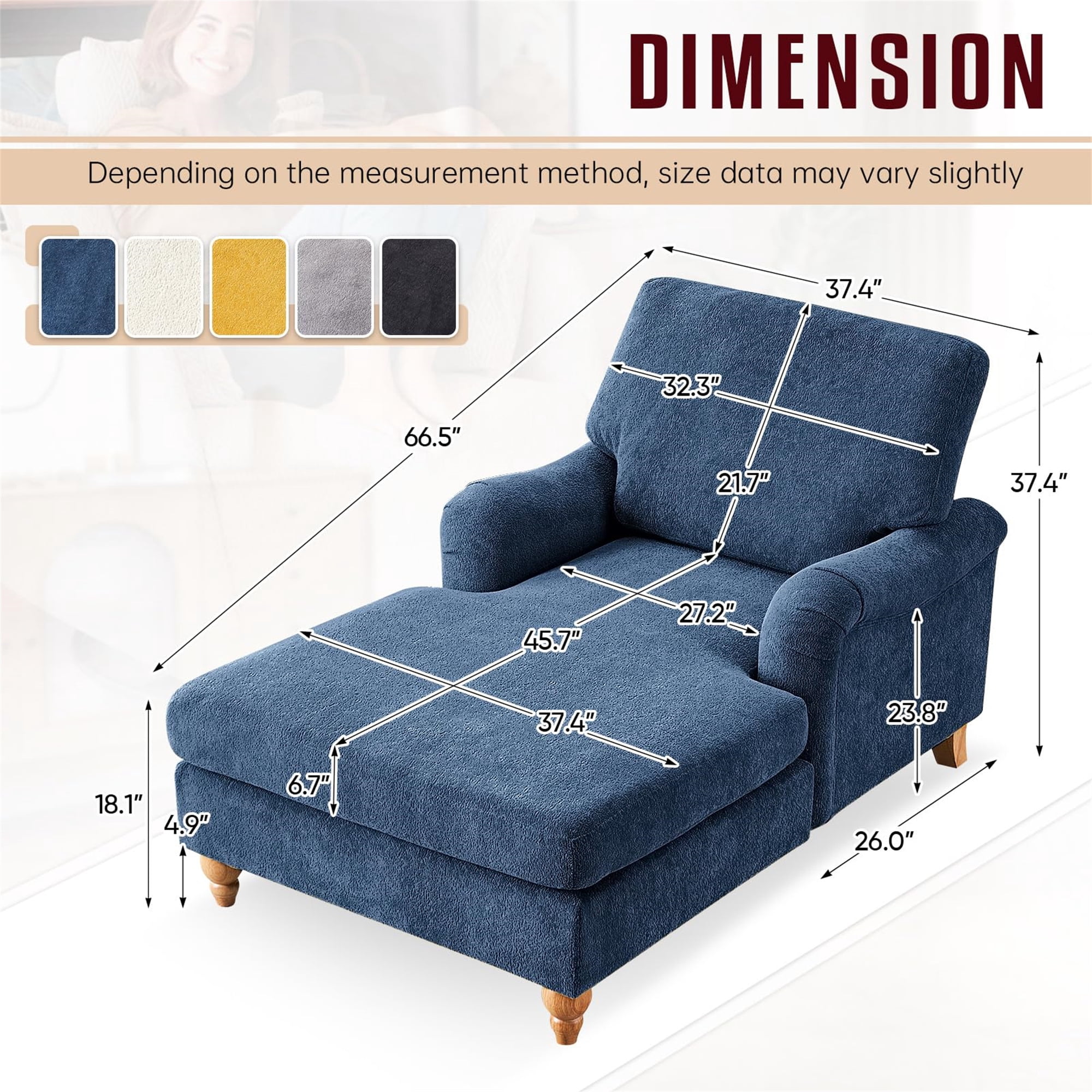Aukfa Modern Oversized Chaise with Adjustable Backrest, Sleeper Chair Sofa Recliner for Living Room, Blue