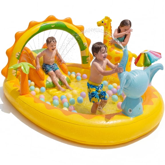 TASKBAY Inflatable Kiddie Pool Giraffe Play Center with Slide and Elephant Sprinkler, Age 2 , 82.7'' x 67'' x 41.3''