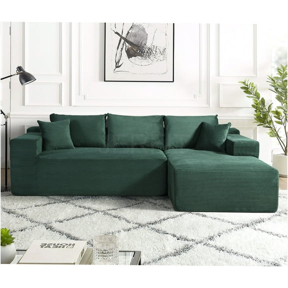 JERFIT Modular Corduroy Sectional Sofa with Chaise, Convertible L-Shaped Couch for Living Room, Dark Green 3-Seater Sofa in a Box with Pillows
