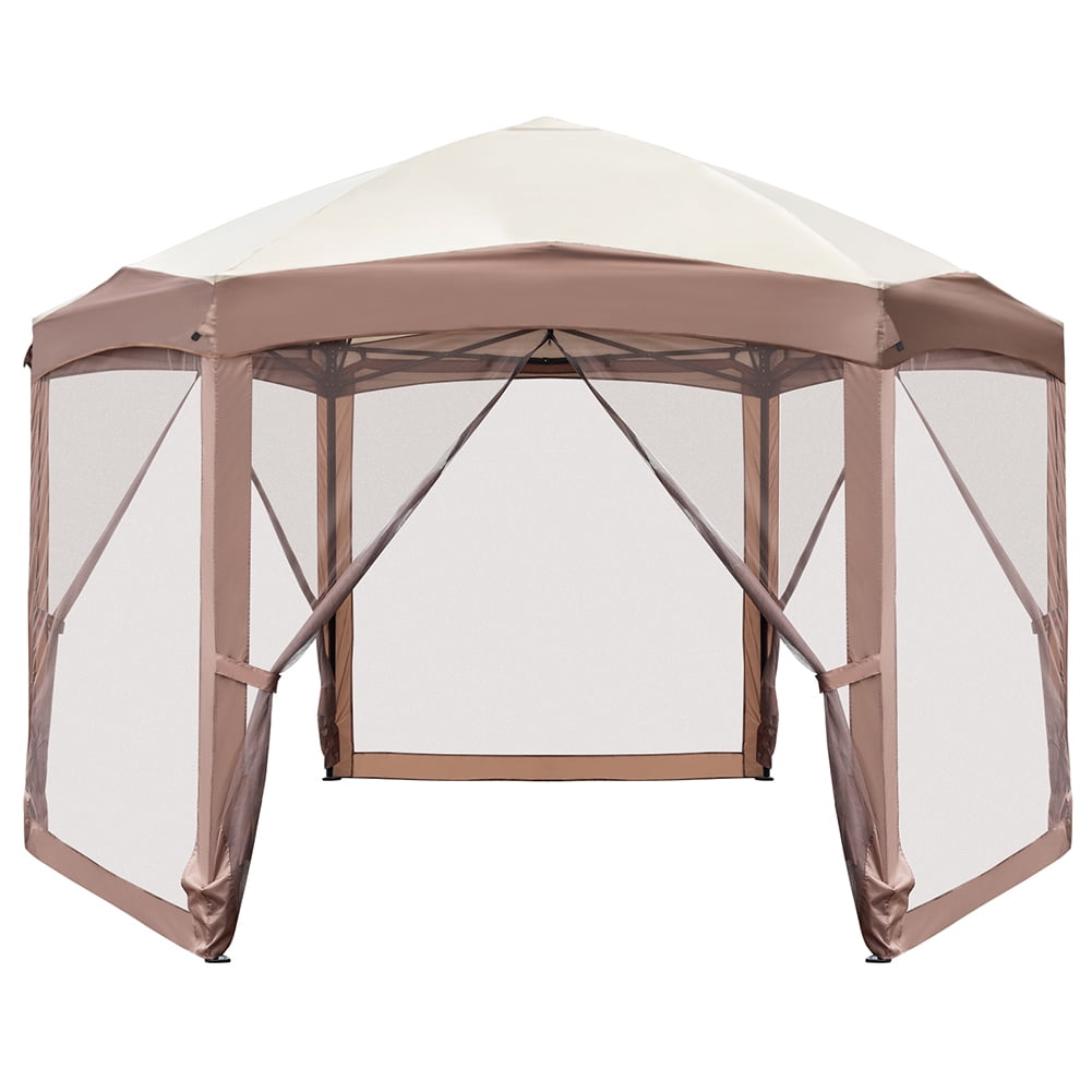 Kadyn 10x12 Ft Outdoor Canopy Tent, Hexagonal Arc Top Folding Shed for Terraces, Wedding Party Tent with Black Bag, 6 Veils and Net Cloth, Khaki and Brown Kadyn 10x12 Ft Outdoor Canopy Tent, Hexagonal Arc Top Folding Shed for Terraces, Wedding Party Tent with Black Bag, 6 Veils and Net Cloth, Khaki and Brown
