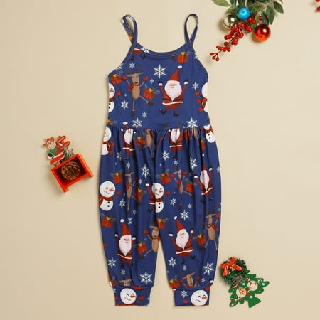 

Toddler Girls Christmas Sleeveless Cartoon Prints Romper Jumpsuit With Pocket Clothes Dark Blue 100