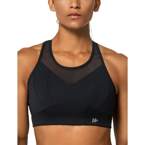 Yvette High Neck Supportive Sports Bra High Impact - No Bounce Soft Moisture Wicking for Running Racerback Plus Size,Black,S