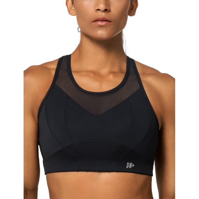 Yvette High Neck Supportive Sports Bra High Impact - No Bounce Soft  Moisture Wicking for Running Racerback Plus Size,Black,2XL+ 