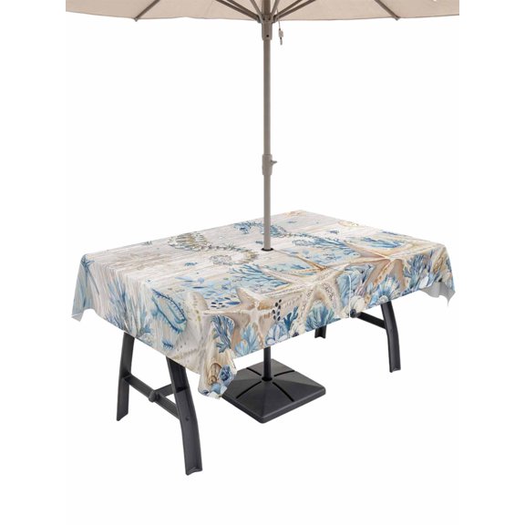 Outdoor Tablecloth with Umbrella Hole for Patio/Picnic/Party/Camping, Coastal Seahorse Waterproof Table Cloth Rectangle Table Cover Washable, Summer Ocean Vintage Starfish Corals (60"x 84")