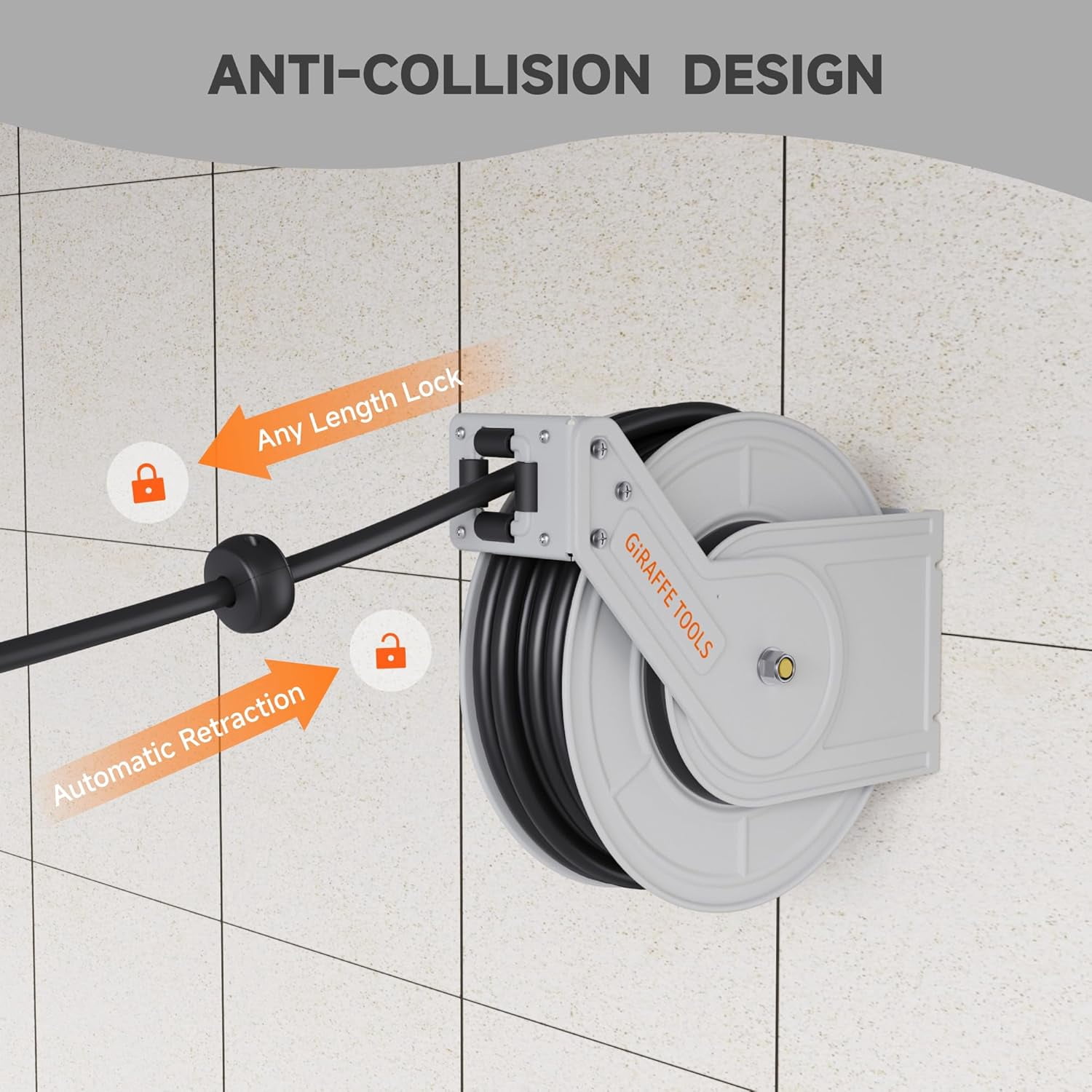 Giraffe Tools Retractable Power Pressure Washer Hose Reel 1/4" x 65 ft, 3200PSI, Wall/Floor Mounted