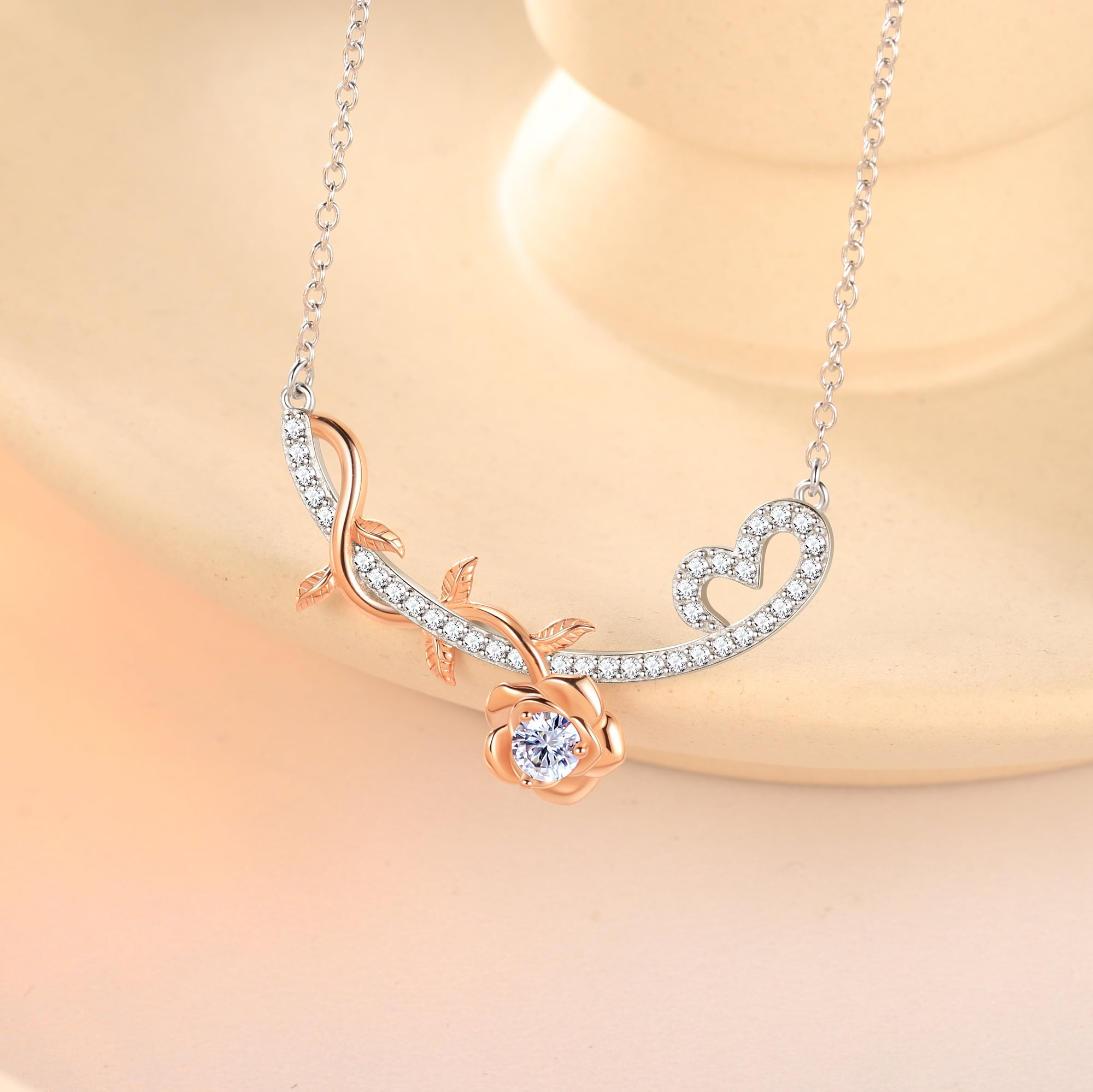 Beautlace 1/3 Carat Moissanite Necklace,D VVS1 18K White Gold over Stering Silver Rose Round Cut Simulated Diamond Pendant Necklace Jewelry Birthday Christmas Mother's Day Gifts for Women Mom