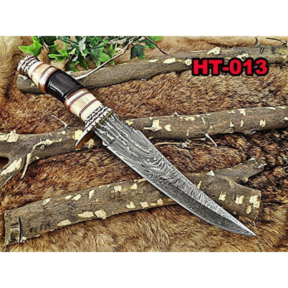 13.5" Long hand forged Damascus steel Hunting Knife, Camel bone, Bull horn and engraved brass round scale, Cow hide Leather sheath