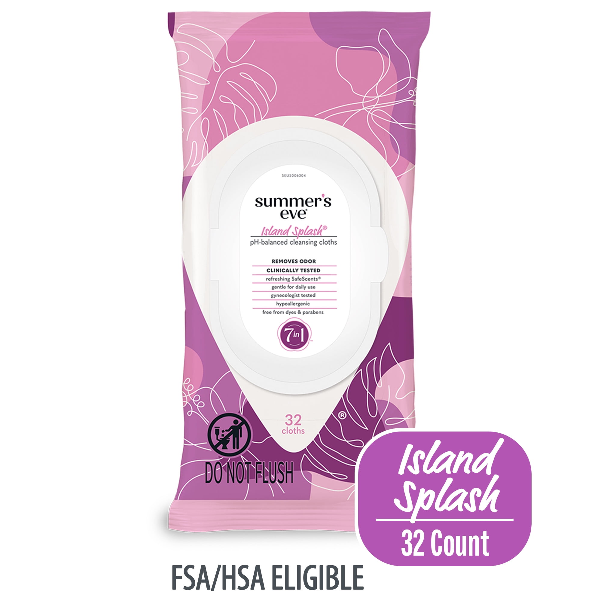 (2 pack) Summer’s Eve Island Splash Daily Feminine Wipes, Removes Odor, pH Balanced, 32 Count