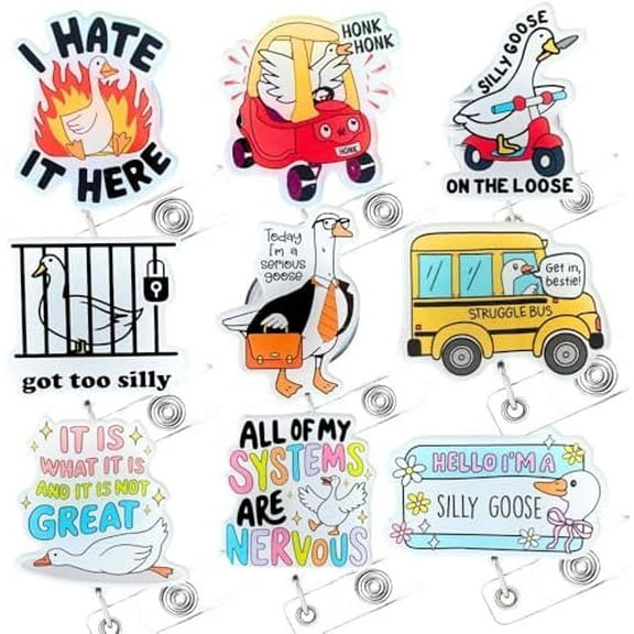 Cute Silly Goose Badge Reels 9PC Set – Funny & Adorable Nurse Badge Reel for Work, Perfect Funny Gift for Nurses, Teachers, Office Workers, and Anyone Who Loves Whimsical Accessories!