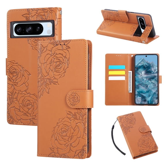 for Google Pixel 10 /10 Pro Case Wallet with Floral Embossed Design, Premium PU Leather TPU, Card Slots Kickstand Magnetic Clasp Wrist Strap Shockproof Full Body Protection Cover, Brown