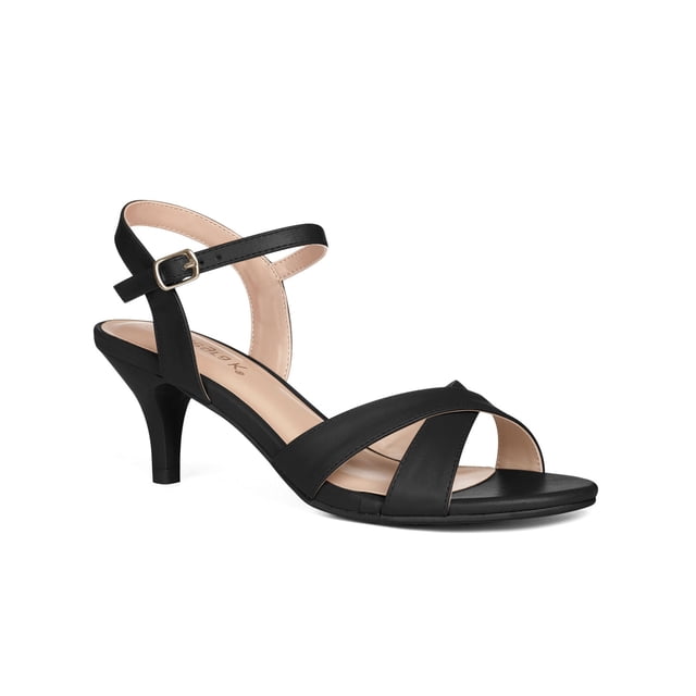 BLISSFUL STEP Sandales pour Femmes à Petit Talon, Bout Ouvert, Brides Croisées, Bride de Cheville Ajustable, Noir 8