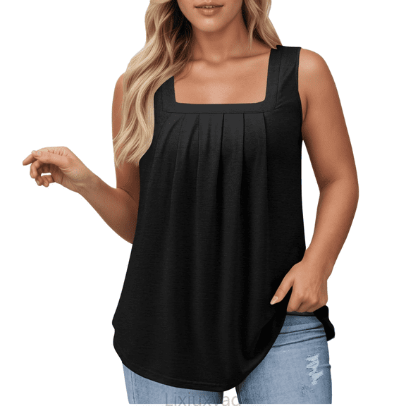 Lixiuxyad Workout Tank Tops Woman Women's Casual Square Neck Tank Top Pure Color Ruffle Detail Blouse For Spring Summer Daily Wear With Jeans,Black