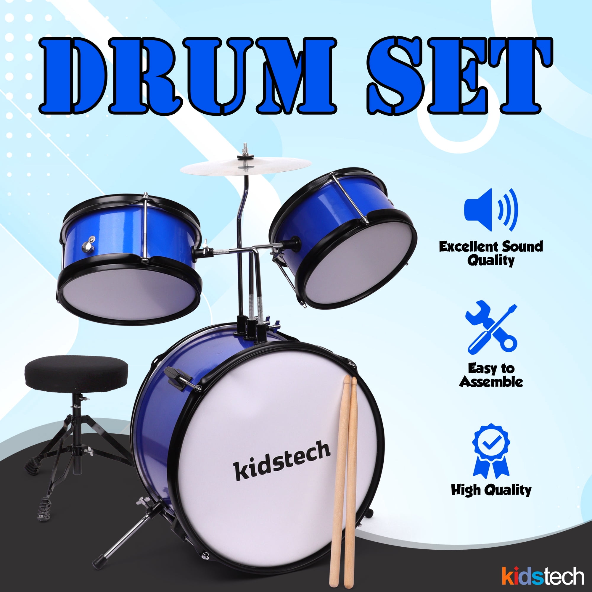 Kidstech Drum Set, First Junior and Adult Drum set with Microphone, Drumstick Pieces and seat, Musical Kid Friendly Band Toy for Boys, Girls and Adults Ages 3+.
