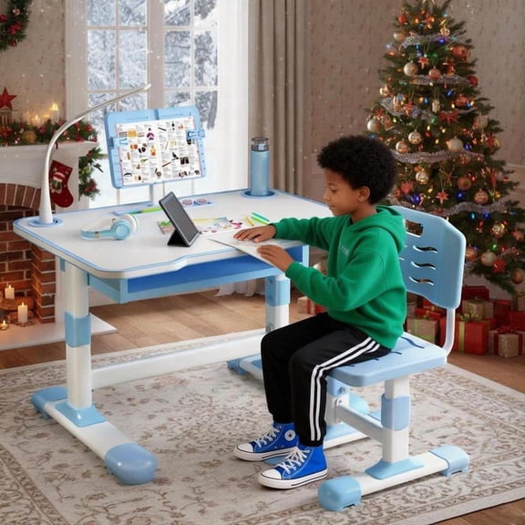 YNCE Study Desk Chair Set for Girl, Height Adjustable Toddlers Writing Table with Tiltable Reading Stand LED Table Light, Living Room Bedroom Children Learning Table with Extra Large Drawer