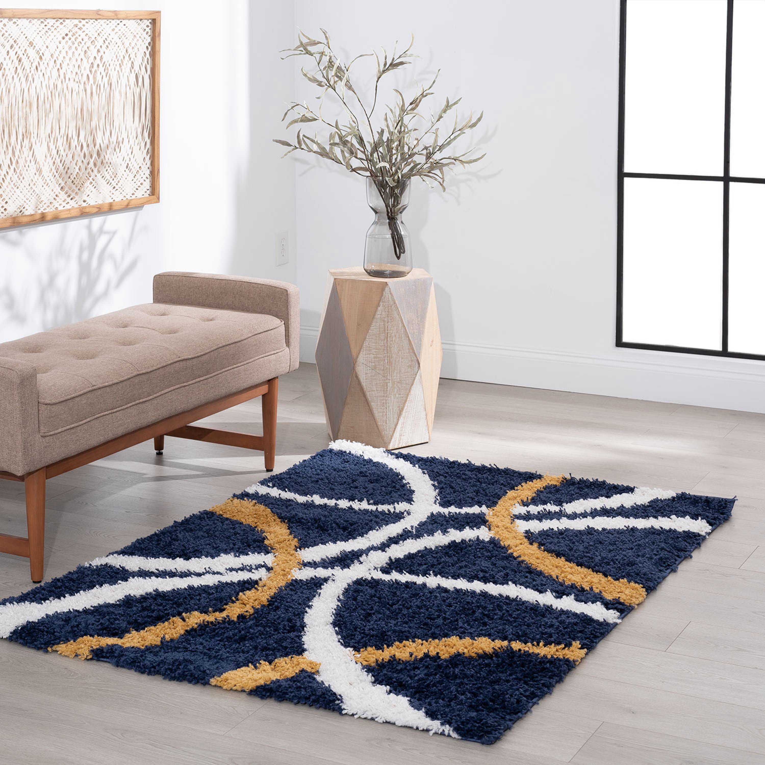 Bliss Rug Abstract Indoor Shag Rug for Living Room, Bedroom, Kids Room |Yellow/Navy, 4' x 6' (4'x5'3'')