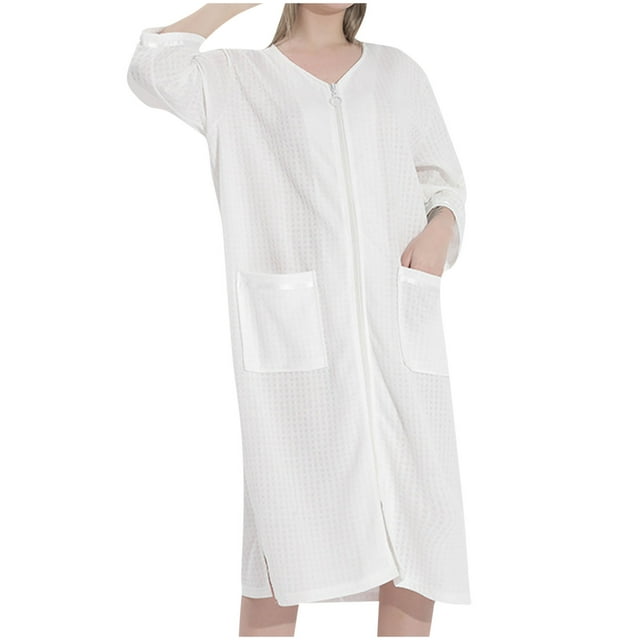 Plus Size Robes For Women Knit Solid Color Casual Bathrobe for Women Softy Lightweight Knee Length V-Neck Zipper Long Sleeve Robe with Pocket(White,XL)