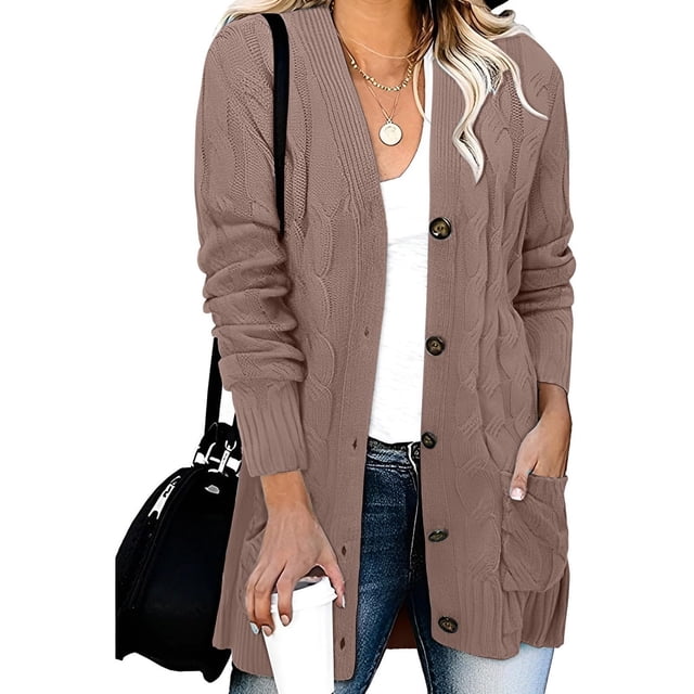 Styesk Cardigan Sweaters for Women Open Front Chunky Long Cardigan Casual Loose Fit Crochet Sweaters Versatile Solid Color Fall Outfits Comfy Cotton Long Sleeve Knit Oversized Cardigan with Pockets