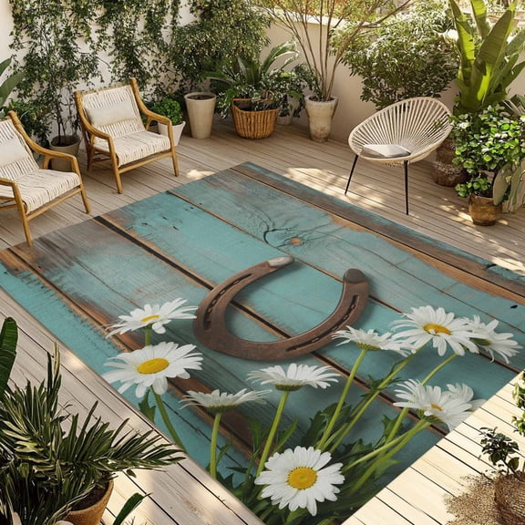 Daisy Flower Outdoor Rug for Patio/Deck/Porch, Non-Slip Large Area Rug 3 x 5 Ft, Vintage Horseshoes Farmhouse Wooden Grain Teal Indoor Outdoor Rugs Washable Area Rugs, Camping Rug Carpet Runner