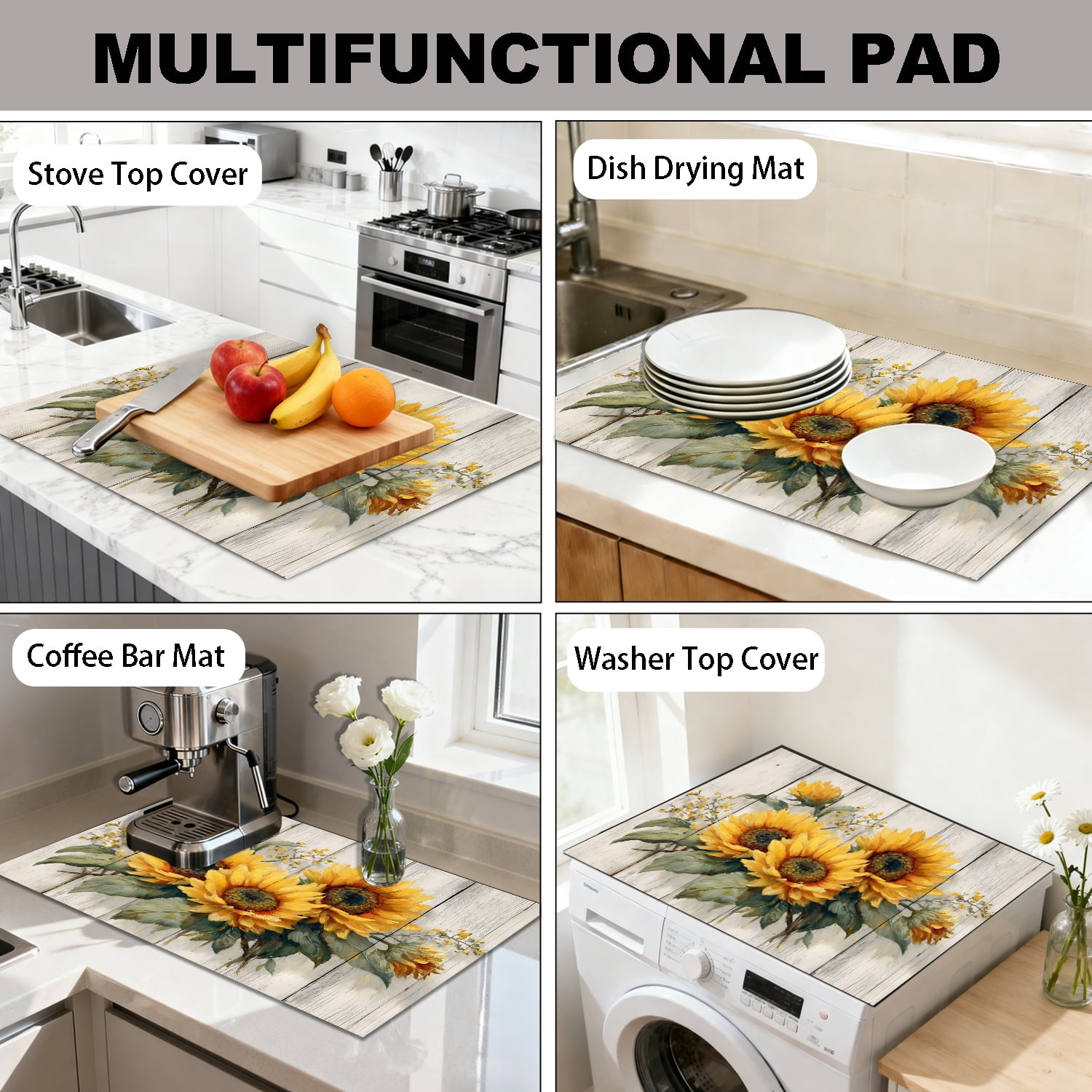 Stove Top Cover for Electric Stove, 28"x20" Heat Resistant Anti-Slip Glass Cooktop Protector Mat, Foldable Roll Up Stove Cover for Kitchen Counter Space, Dish Drying Mat, Sunflower