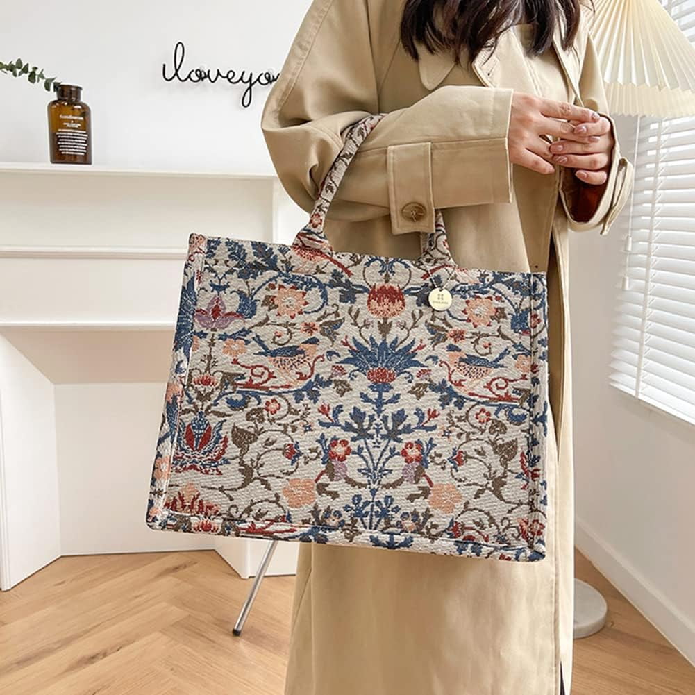 Baguery Women's Large Canvas Laptop Tote Bag - Retro Embroidery Shoulder Handbag with Pockets, Teacher Aesthetic Big Purse (Black/White)​