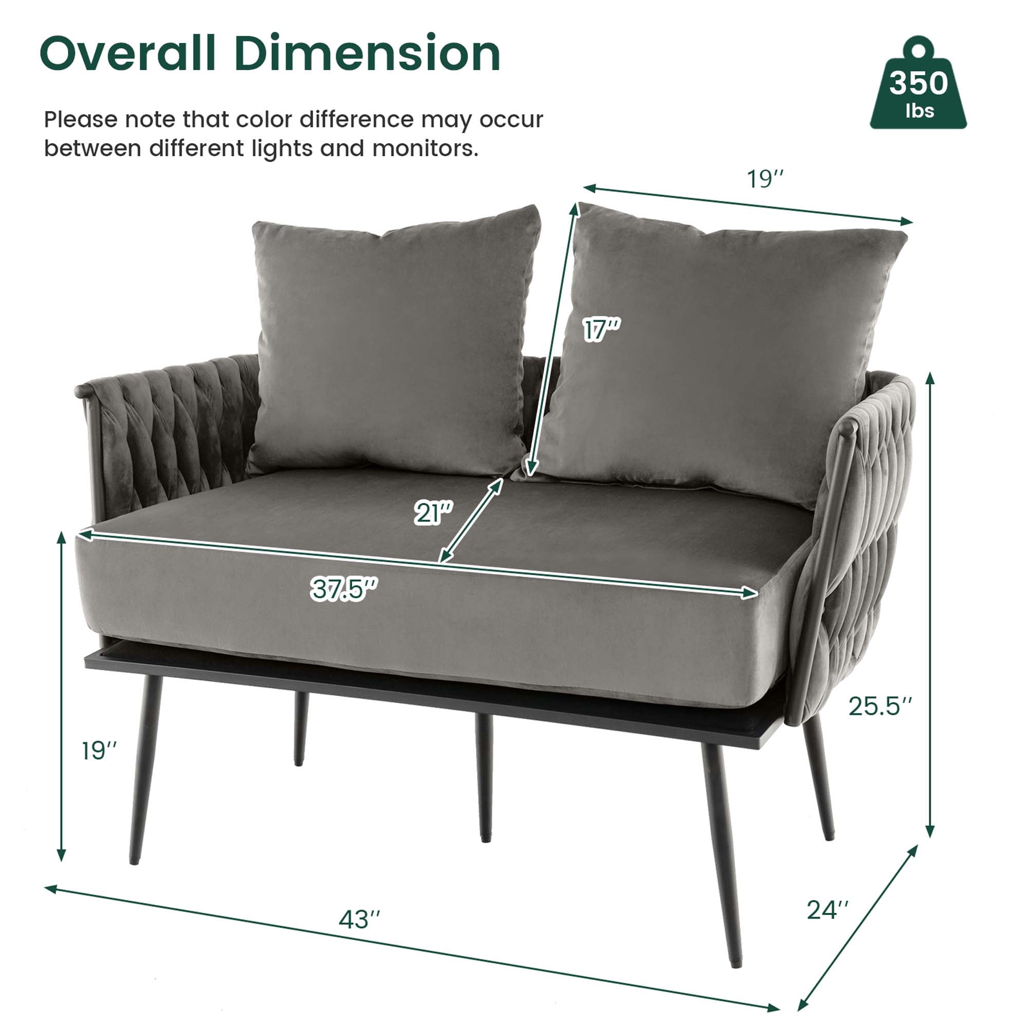 Costway Modern Loveseat Sofa Upholstered Dutch Velvet Couch with Woven Back & Arms Grey