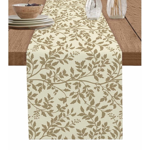 Table Runner Dresser Scarves 60 Inch Long,Abstract Botanical Leaves Silhouette Linen Dining Table Runners Seamless Foliage on Yellow Tabletop Scarf for Wedding Holiday Party Kitchen