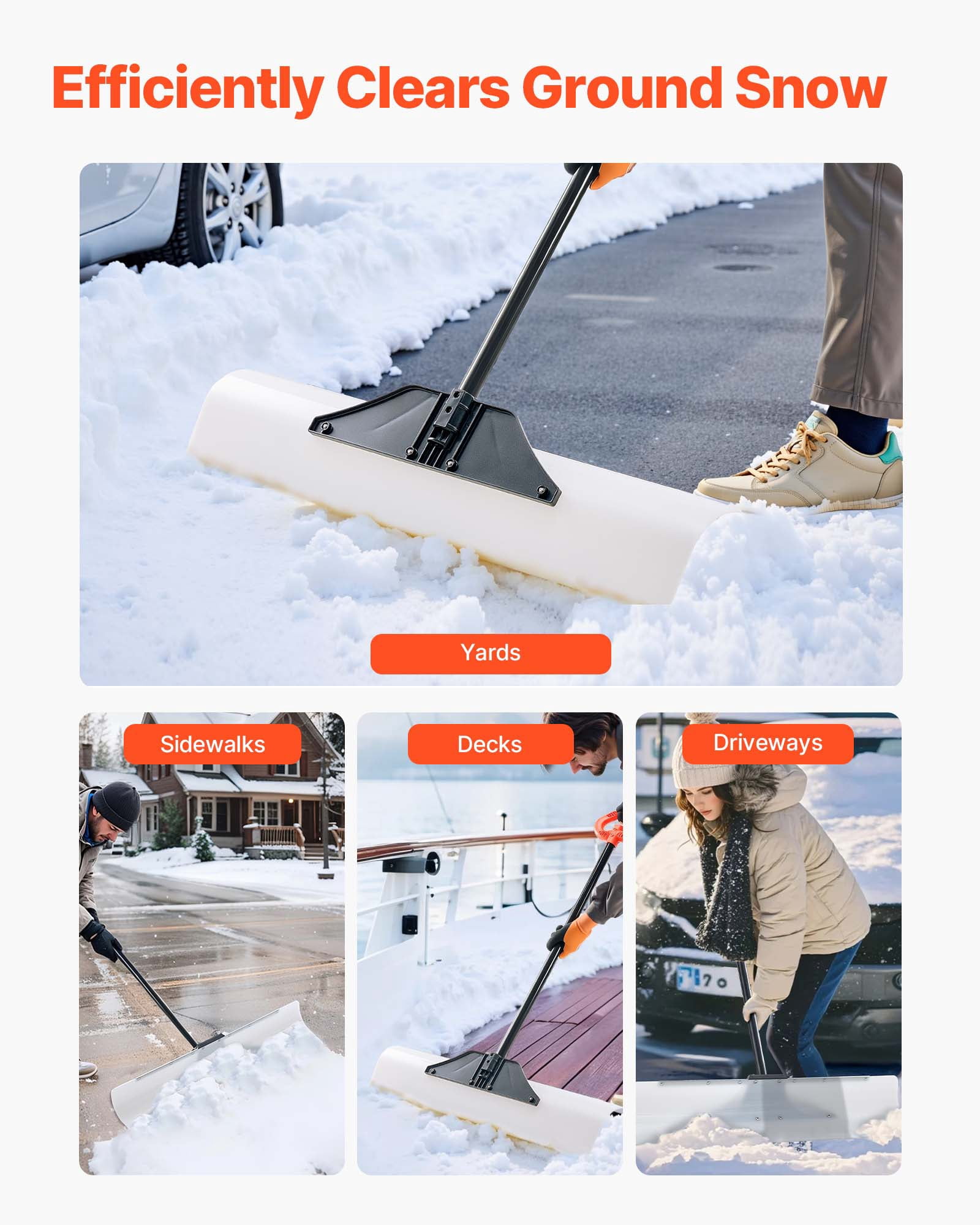 VEVOR Snow Pusher Shovel, 36 in Outdoor Snowplow Shovel with Ergonomic Grip, HDPE Plastic Blade, Winter Shovels with Segmented Handle, Metal Edged Strip,Portable Snow Removal Tool for Driveway Garden