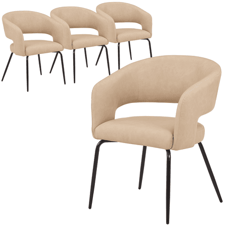 LeisureMod Dining Chair Upholstered in Leather with Open Curved Backrest and Powder-Coated Iron Legs for Modern Home Kitchen Offices Gavin Collection in Light Taupe Leather Set of 4