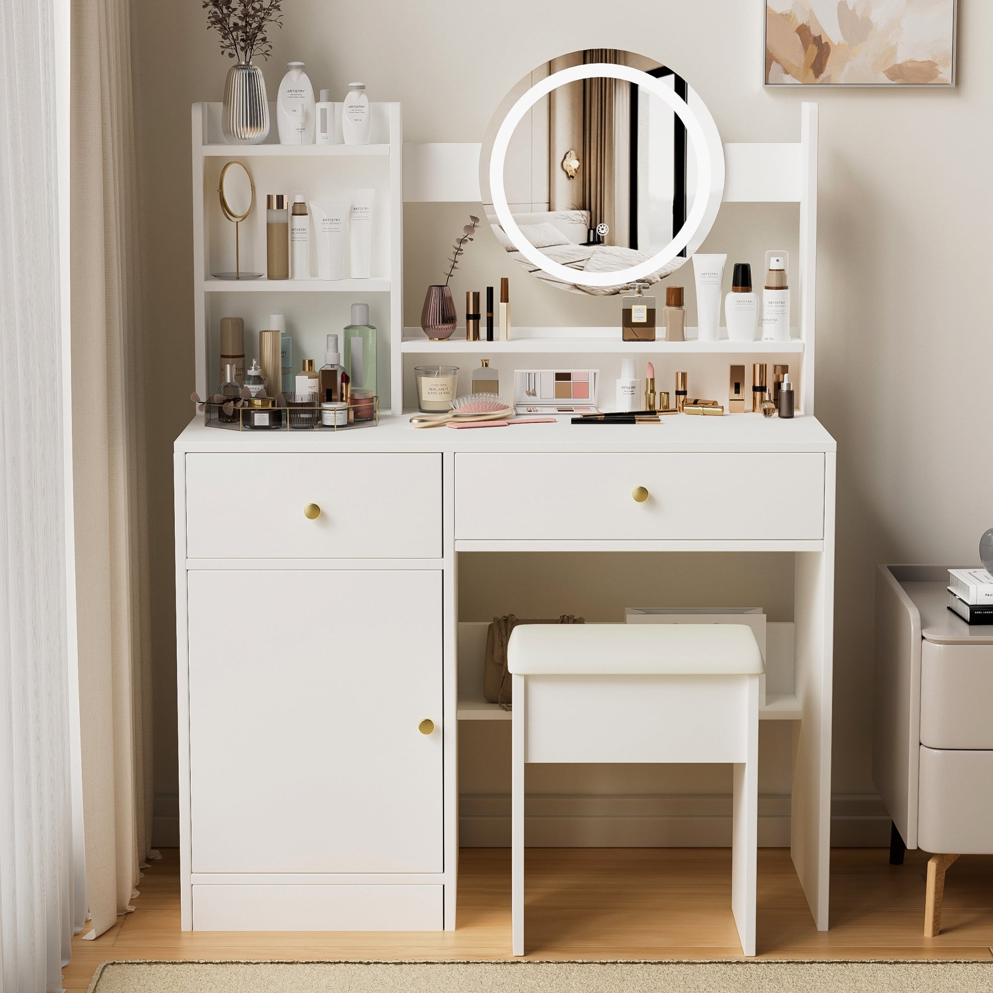 Makeup Vanity Desk with Mirror and Lights Dressing Table with 2 Drawers & Adjustable 3 Color Lighting Brightness for Bedroom Storage Cabinet,White