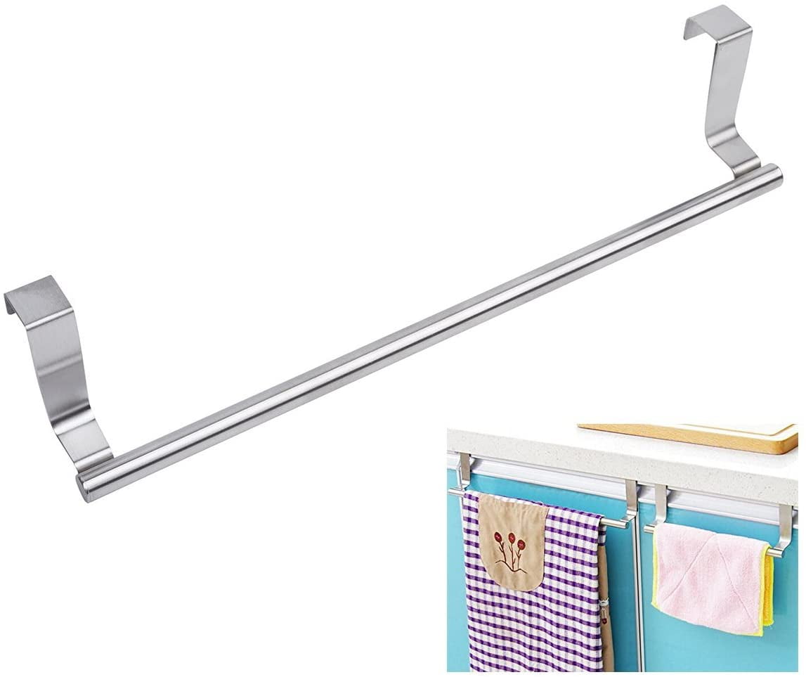 9-Inch Brushed Stainless Steel Over the Door Towel Bar with Hooks