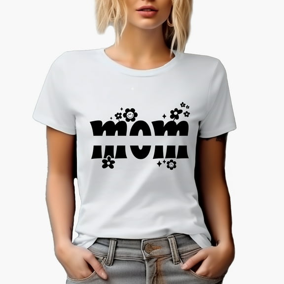 Mom Word with Flowers Art, Mother's Day Merch Gift, White T-Shirt, Small