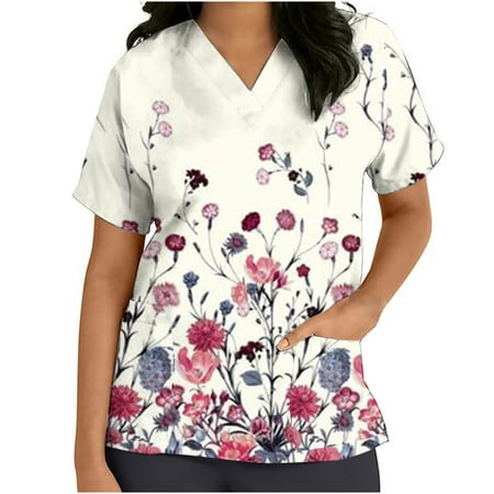 

CZHJS Casual Elegant Dressy Flora Print Scrubs_Tops Nursing Shirts Working Wear Uniforms Shirt V-Neck Tops Short Sleeve Tees Summer Tunic Women T-Shirts Loose Fitting White M