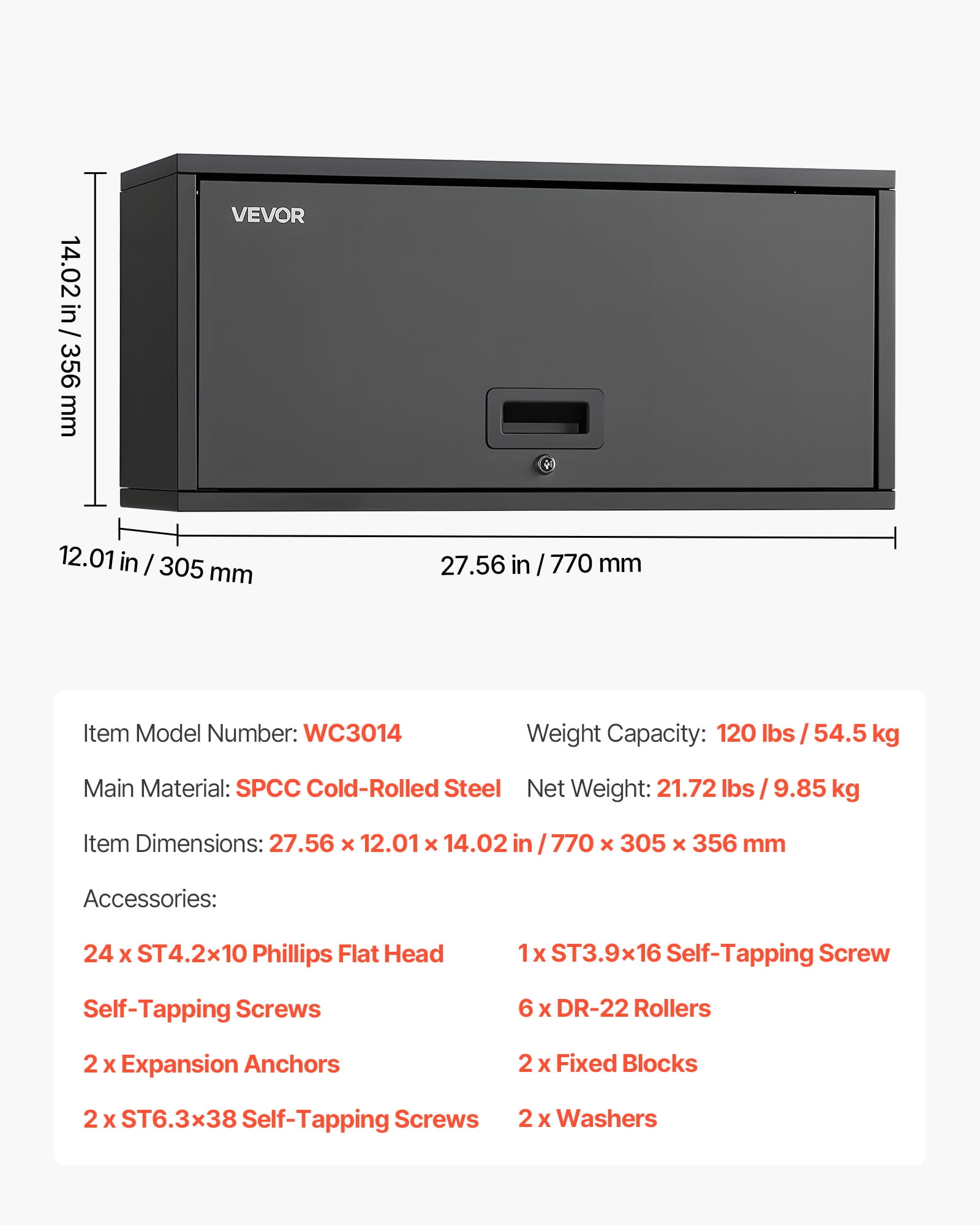VEVOR Metal Wall Cabinet, 27.56W x 12.01D x 14.02H Inch, Floating Garage Tool Cabinet with Up-Flip Door, 120 lbs Load per Shelf, Fit for Garage, Basement, Kitchen, Warehouse, Assembly Required
