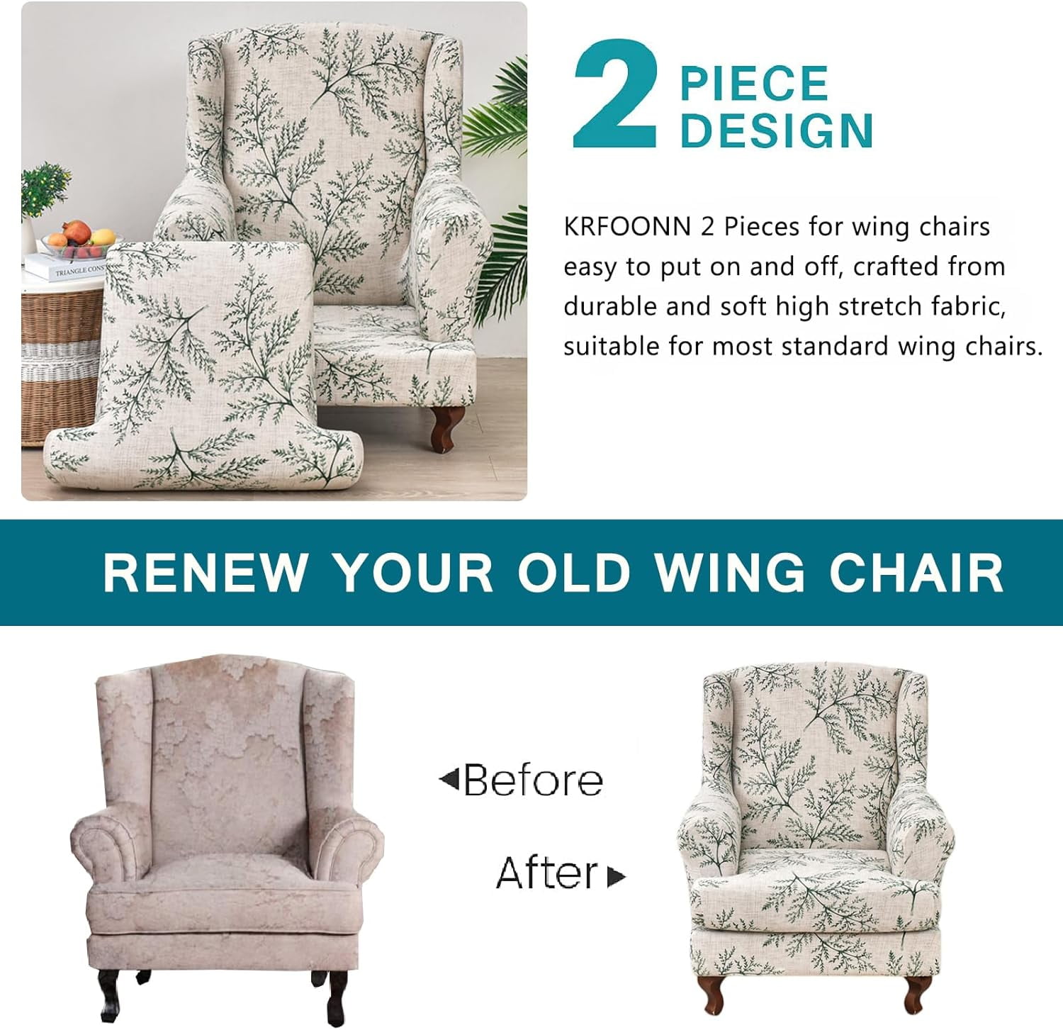 CHUNTIAN Wingback Chair Covers Slipcovers 2 Piece Stretch Wing Chair Covers Spandex Slipcovers Wingback Sofa Covers Armchair Covers Non-Slip Furniture Protector for Living Room Wingback Chairs, A13