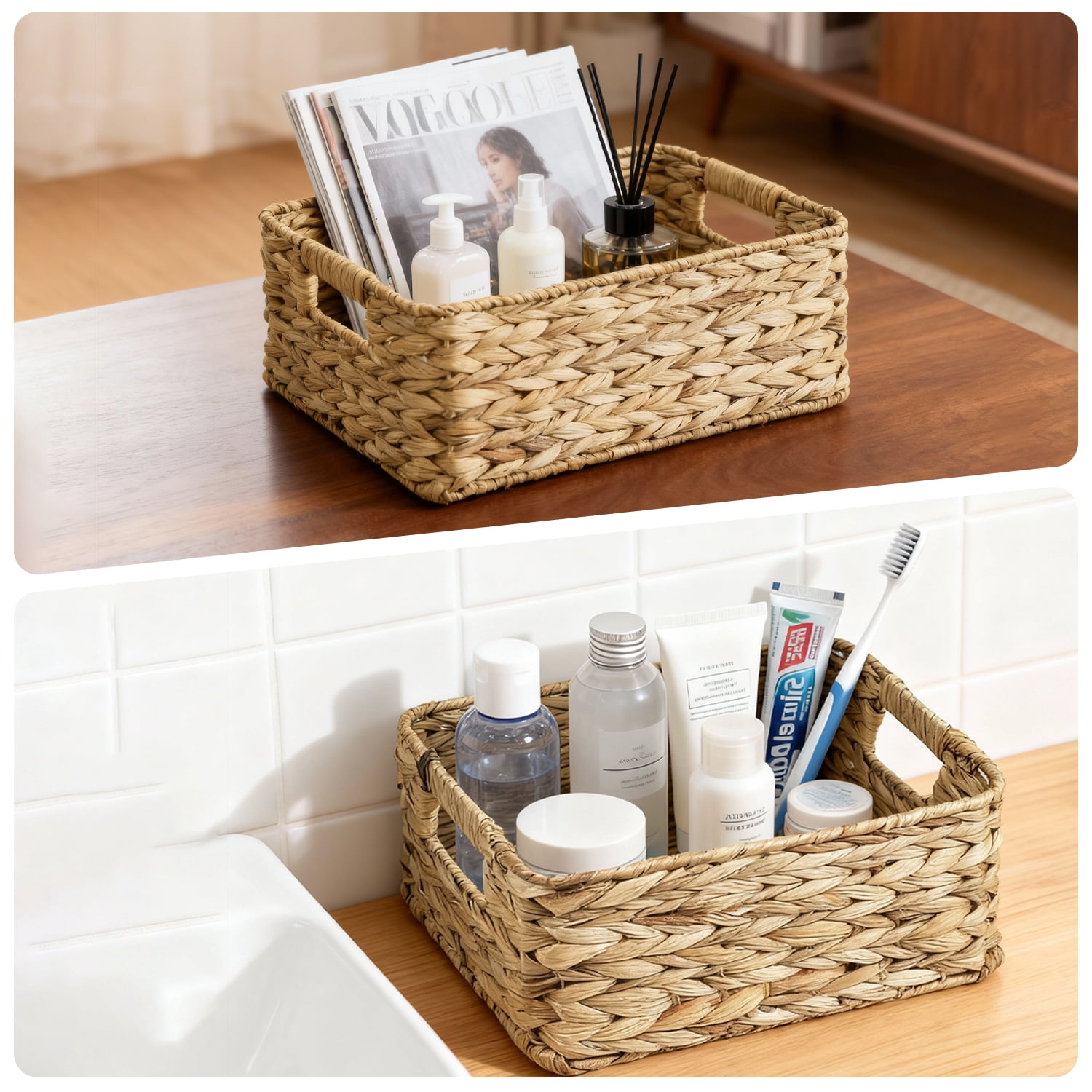 Garnen Set of 3 Wicker Basket Storage, Woven Basket with Handle, Decorative Wicker Baskets Rectangular for Desk Organizer Bathroom Tray, 11" 13" 14"